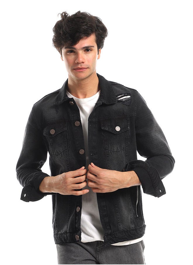 WHITE RABBIT - Ripped Left Shoulder Ribbed Detail Denim Jacket - Black - Image 1