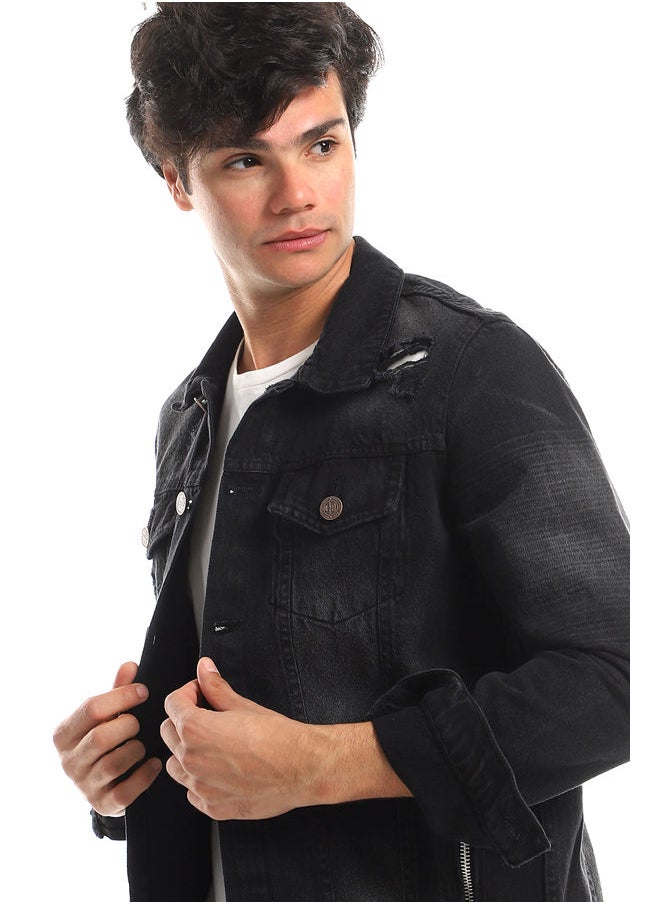 WHITE RABBIT - Ripped Left Shoulder Ribbed Detail Denim Jacket - Black - Image 1