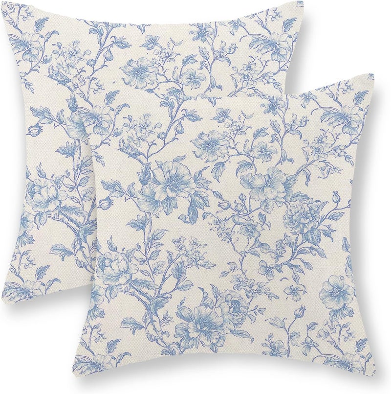 GOLIANDA Baby Blue Pillow Covers 16x16 Set of 2 Blue and Cream Floral Chinoiserie Throw Pillows Vintage Rustic Toile Flower Decorative Pillowcase Outdoor Chinoiserie Decor Cushion Case for Couch Sofa - Image 1