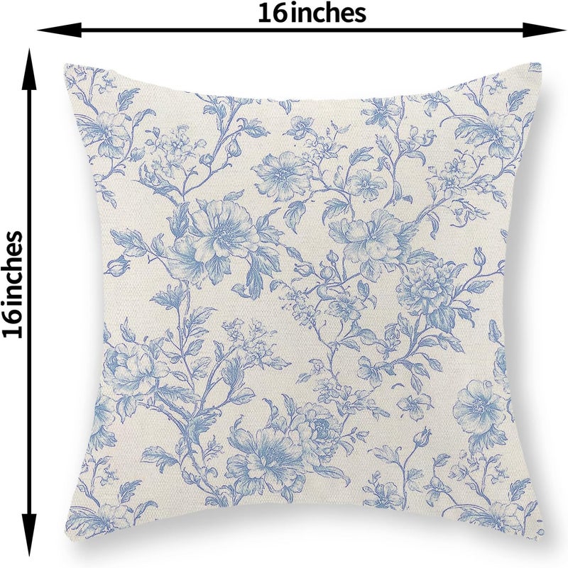 GOLIANDA Baby Blue Pillow Covers 16x16 Set of 2 Blue and Cream Floral Chinoiserie Throw Pillows Vintage Rustic Toile Flower Decorative Pillowcase Outdoor Chinoiserie Decor Cushion Case for Couch Sofa - Image 2