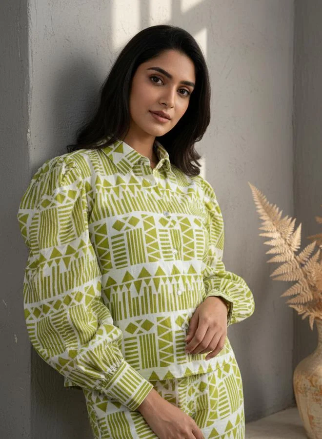 sanskrutihomes Green Geometric Print Shirt and Shorts Co-ord Set