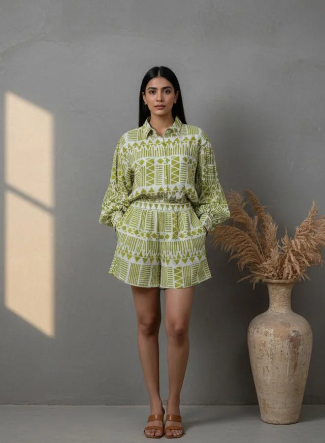 sanskrutihomes Green Geometric Print Shirt and Shorts Co-ord Set