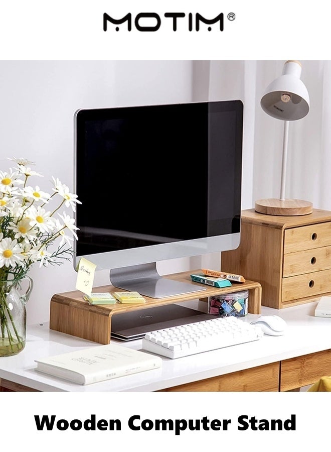 Motim Premium Wooden Computer Monitor Stand Ideal for Home&Office Desktop Modern Wood TV Stand Open Storage Cabinet - Image 1