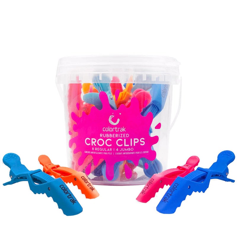 Colortrak Croc Hair Sectioning Clips Bucket (12 Pack), 8 Standard Size, 4 Jumbo Size, Section Large Amounts of Hair while Coloring, Cutting, and Styling, No Slip Rubber Grip, Assorted Colors