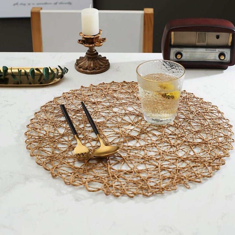 IcosaMro Brown Round Placemats Set of 6 for Dining Table 15 Inch Paper Woven Boho Decorative Circle Place Mat for Wedding Christmas Thanksgiving Day Holiday Dinner Light Coffee Brown - Image 4