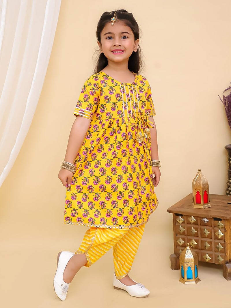 superminis Cotton Blend Baby Girls Printed Frock Style Kurti With Dhoti Style Salwar Ethnic Clothing Set (Yellow, 5-6 Years) - Image 3