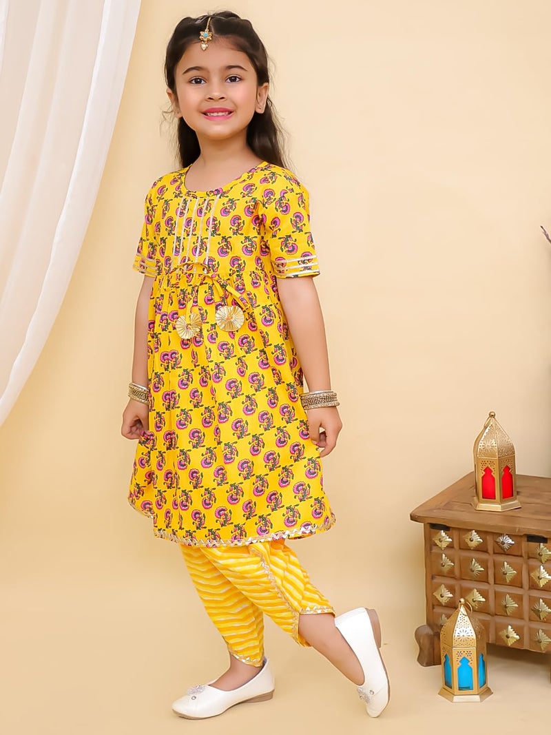 superminis Cotton Blend Baby Girls Printed Frock Style Kurti With Dhoti Style Salwar Ethnic Clothing Set (Yellow, 5-6 Years) - Image 2