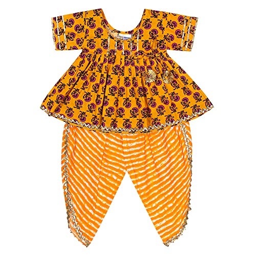 superminis Cotton Blend Baby Girls Printed Frock Style Kurti With Dhoti Style Salwar Ethnic Clothing Set (Yellow, 5-6 Years) - Image 1