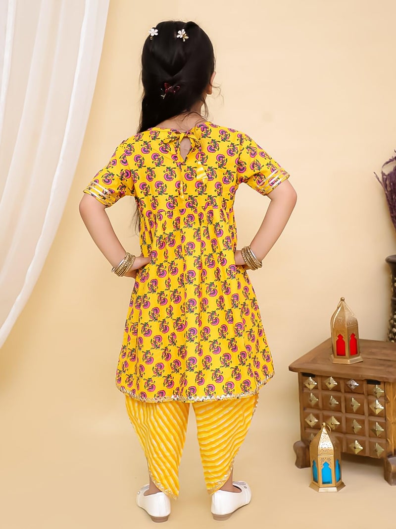 superminis Cotton Blend Baby Girls Printed Frock Style Kurti With Dhoti Style Salwar Ethnic Clothing Set (Yellow, 5-6 Years) - Image 5