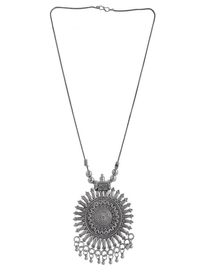 Naman Arts Oxidised Large Sunburst Mandala Pendant Necklace for Women | Antique Circular Boho Charm | Pure Brass Lightweight Ethnic Chain Necklace - Image 2