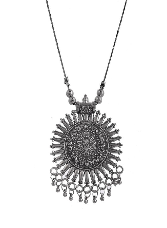 Naman Arts Oxidised Large Sunburst Mandala Pendant Necklace for Women | Antique Circular Boho Charm | Pure Brass Lightweight Ethnic Chain Necklace - Image 1