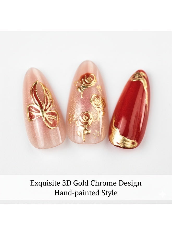 Instant Wear Luxury Press-on Nails – 24pcs Reusable Set –Red & Gold Chrome False Nails with Rose Flower & Bow Ribbon Design, Artificial Fingernails for Women (Henna Night & Valentine) – Salon Look at Home - Image 3