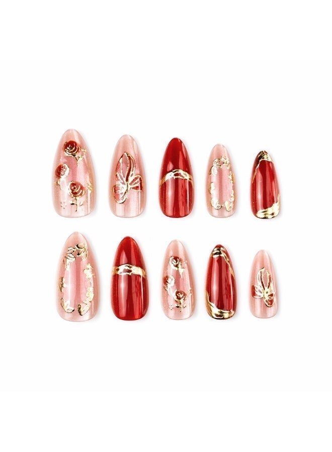 Instant Wear Luxury Press-on Nails – 24pcs Reusable Set –Red & Gold Chrome False Nails with Rose Flower & Bow Ribbon Design, Artificial Fingernails for Women (Henna Night & Valentine) – Salon Look at Home - Image 1