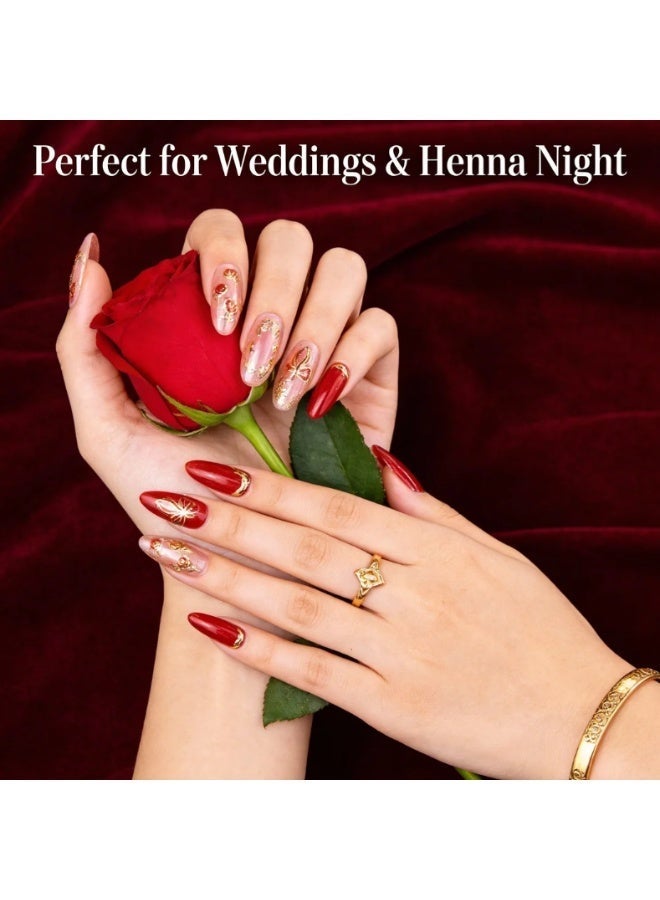 Instant Wear Luxury Press-on Nails – 24pcs Reusable Set –Red & Gold Chrome False Nails with Rose Flower & Bow Ribbon Design, Artificial Fingernails for Women (Henna Night & Valentine) – Salon Look at Home - Image 2