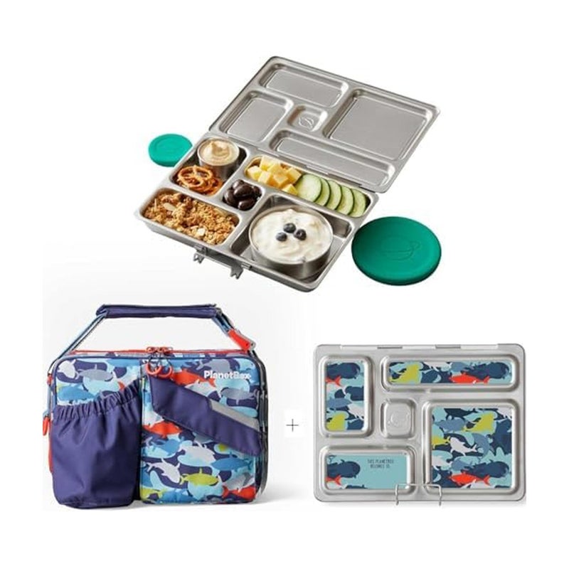 PlanetBox Rover Stainless Steel Bento Box Style Lunch Box Kit for Kids with 5 Compartments, Camo Shark Edition includes Insulated Lunch Bag, Leakproof Food Containers and Matching Magnets - Image 1
