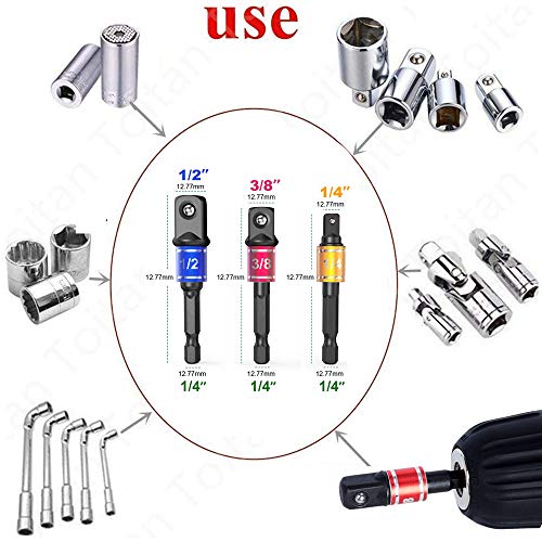 CIGOTU Impact Grade Power Hand Tools Driver Sockets Adapter Extension Set, 3Pcs 1/4 3/8 1/2" Hex Shank Drill Nut Driver Bit Set + 105 Degree Right Angle Driver Extension Screwdriver Drill Attachment - Image 4