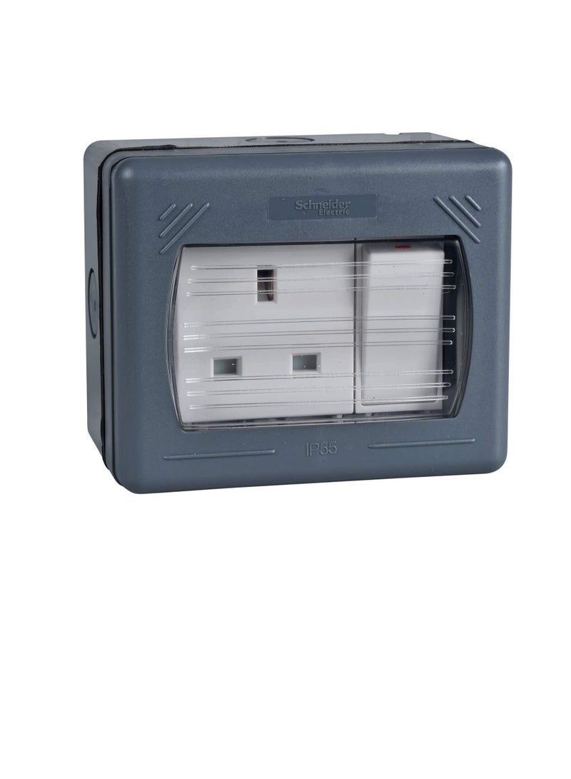 Schneider GWP3010 Exclusive Weatherproof Double Pole Switched Socket (13 A, 230VAC, 1 Gang, Grey) - Image 3