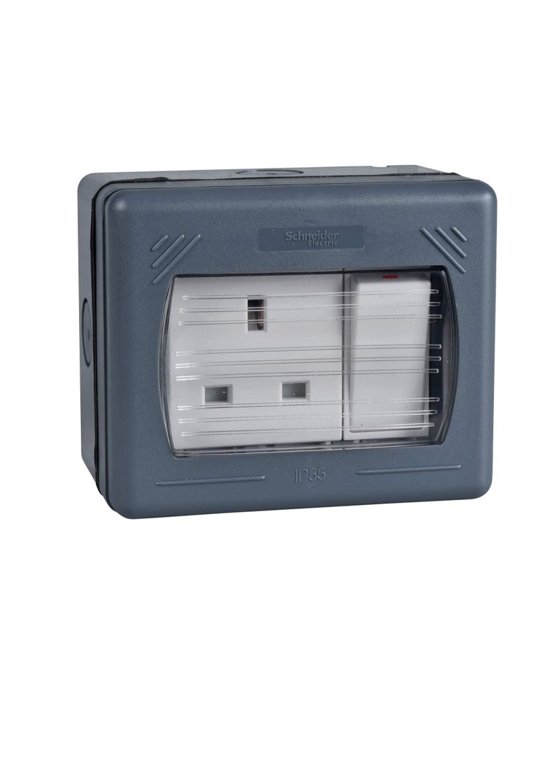 Schneider GWP3010 Exclusive Weatherproof Double Pole Switched Socket (13 A, 230VAC, 1 Gang, Grey) - Image 1