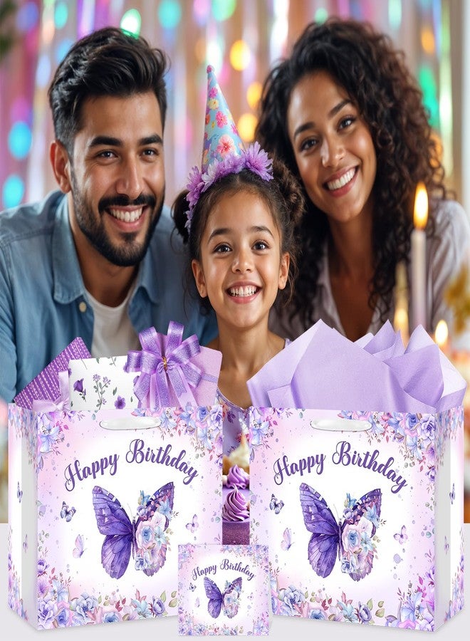 LUUFILx Butterfly Birthday Gift Bag for Girls Women Butterfly Flower Party Favor Bags with Wrapping Paper Card Purple Pink Floral Gift Bag for Baby Shower Birthday Decorations Party Supplies (Purple) - Image 5