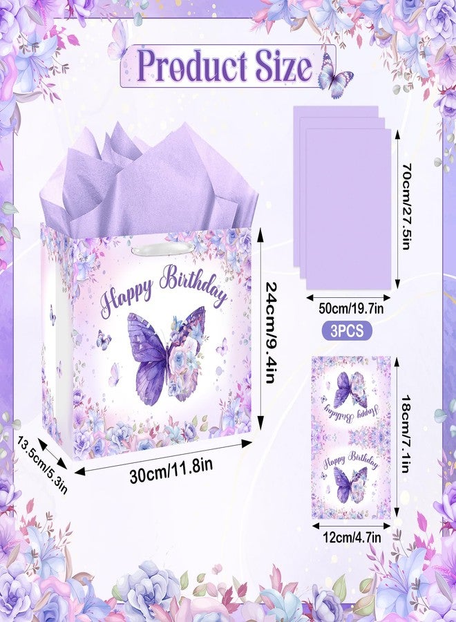 LUUFILx Butterfly Birthday Gift Bag for Girls Women Butterfly Flower Party Favor Bags with Wrapping Paper Card Purple Pink Floral Gift Bag for Baby Shower Birthday Decorations Party Supplies (Purple) - Image 2