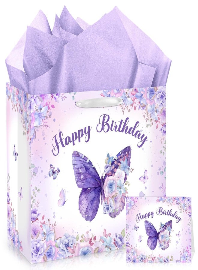 LUUFILx Butterfly Birthday Gift Bag for Girls Women Butterfly Flower Party Favor Bags with Wrapping Paper Card Purple Pink Floral Gift Bag for Baby Shower Birthday Decorations Party Supplies (Purple) - Image 1