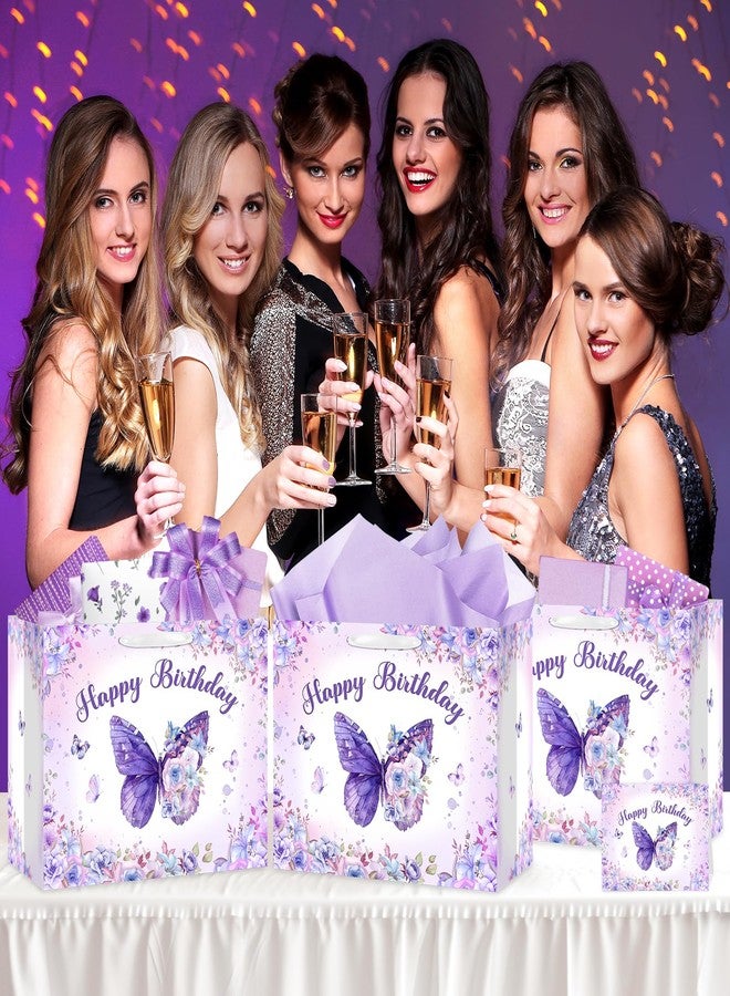 LUUFILx Butterfly Birthday Gift Bag for Girls Women Butterfly Flower Party Favor Bags with Wrapping Paper Card Purple Pink Floral Gift Bag for Baby Shower Birthday Decorations Party Supplies (Purple) - Image 3