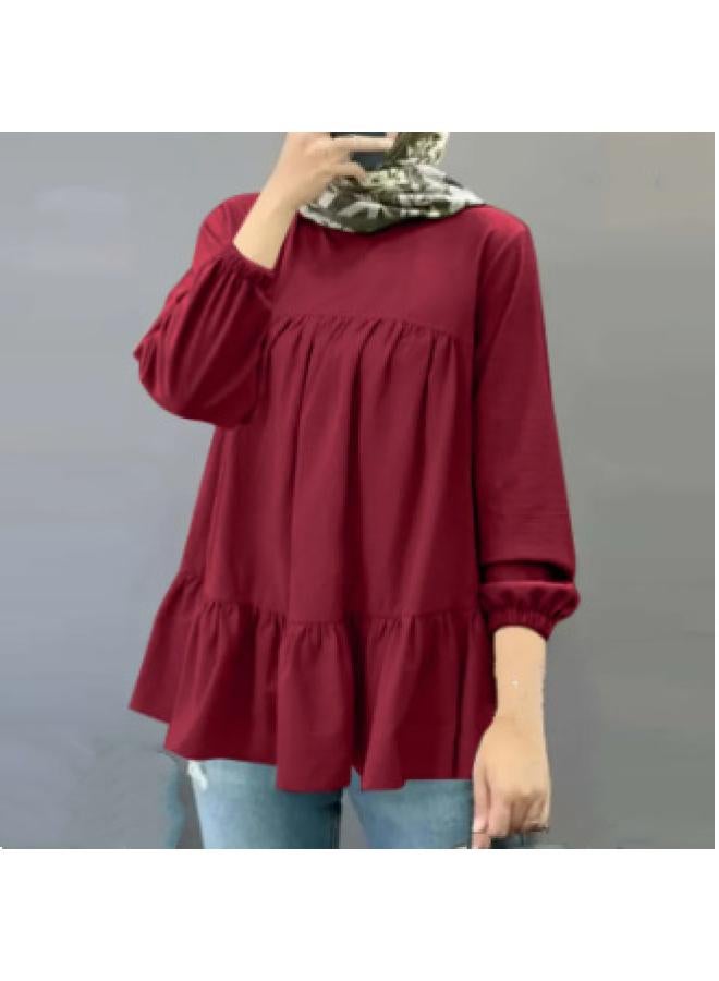 VUELO New Muslim Loose Casual Solid Color Round Neck Puff Sleeve Long Sleeve Pullover - Image 1