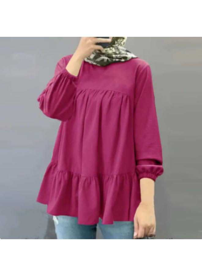 VUELO New Muslim Loose Casual Solid Color Round Neck Puff Sleeve Long Sleeve Pullover - Image 4