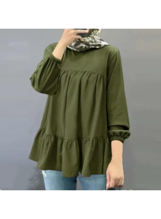 VUELO New Muslim Loose Casual Solid Color Round Neck Puff Sleeve Long Sleeve Pullover - Image 3