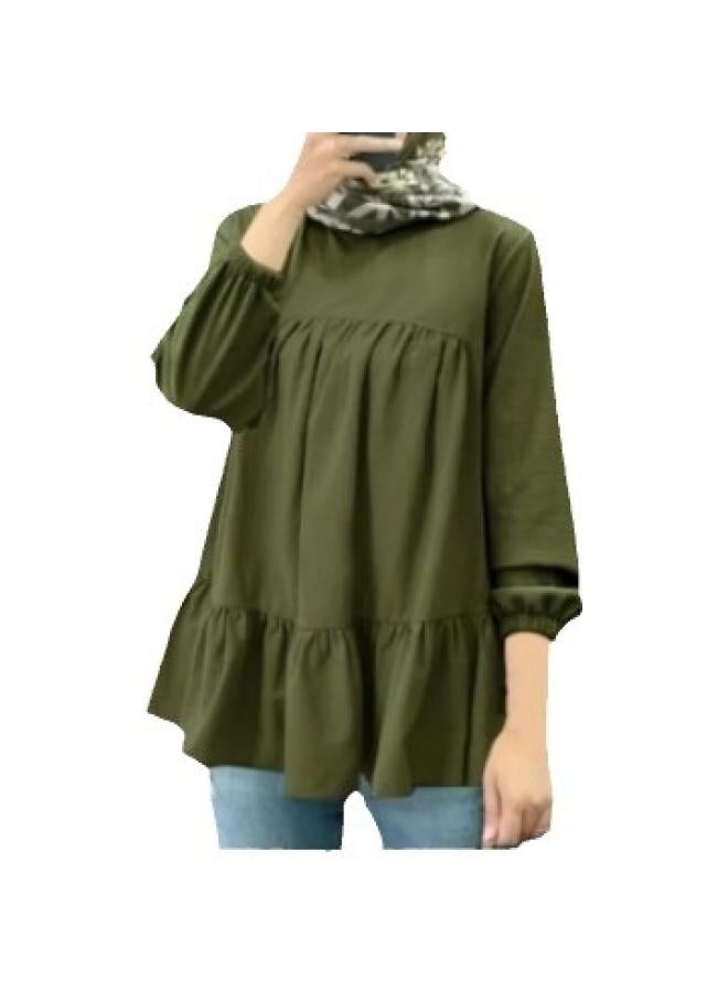VUELO New Muslim Loose Casual Solid Color Round Neck Puff Sleeve Long Sleeve Pullover - Image 5