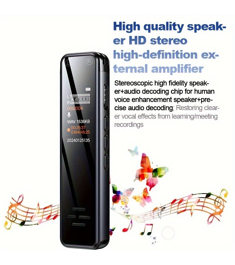 مسجل صوت رقمي محمول بسعة 64 جيجابايت مع تشغيل MP3، تقليل الضوضاء، USB Type-C، تسجيل تلقائي بالصوت، تكرار A-B، التحكم في السرعة، مسجل صغير للمحاضرات والمقابلات والبودكاست. - Image 3