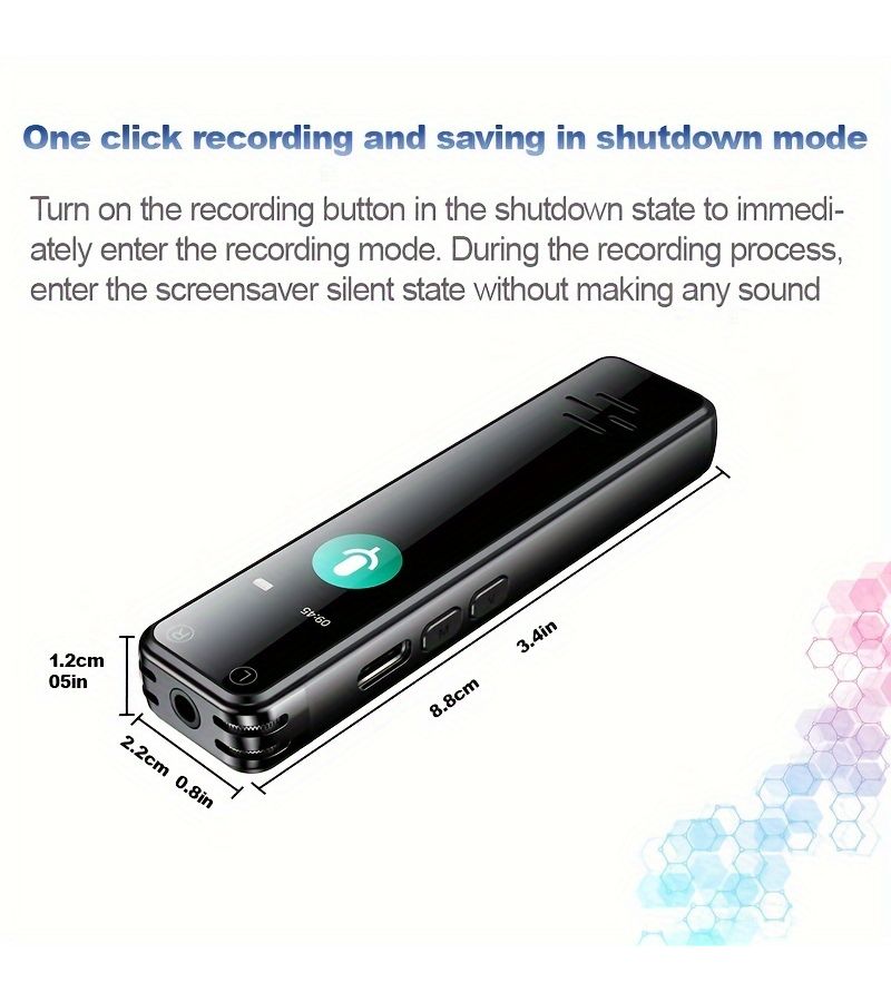 مسجل صوت رقمي محمول بسعة 64 جيجابايت مع تشغيل MP3، تقليل الضوضاء، USB Type-C، تسجيل تلقائي بالصوت، تكرار A-B، التحكم في السرعة، مسجل صغير للمحاضرات والمقابلات والبودكاست. - Image 2