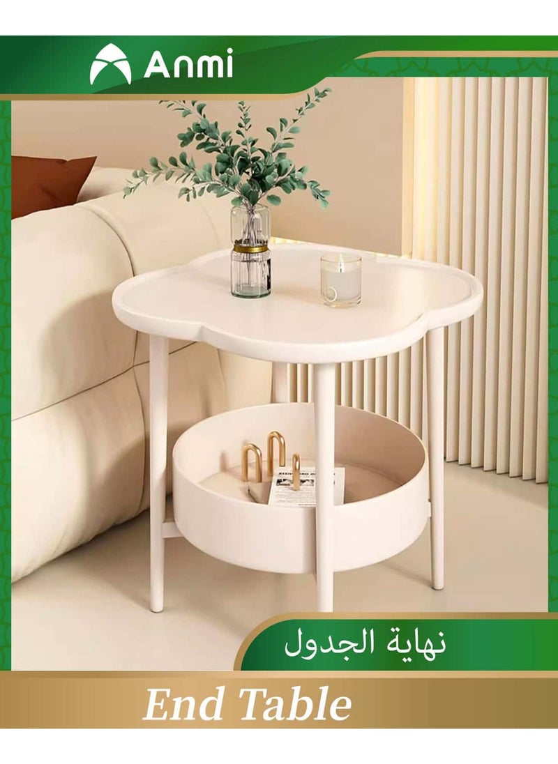 Anmi 2-Tier End Table, Sofa Side Table, Modern Small Coffee Table Accent Table, Clover Shaped Side Table, Modern Sofa Snack Table with Round Tray for Living Room, Bedroom, Balcony, Patio (White)  - Image 1