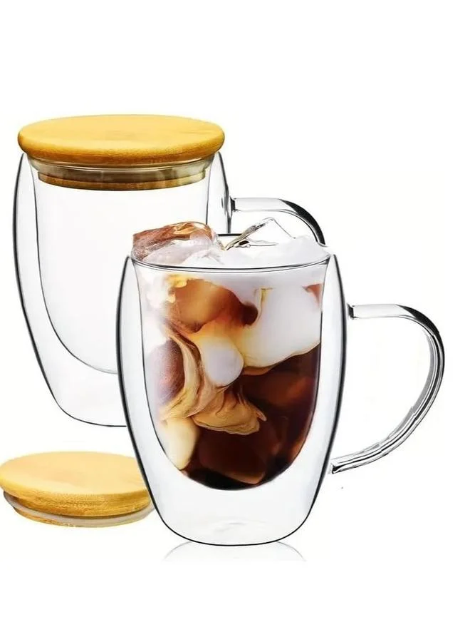 1 تشيس طقم كوبين زجاجي مزدوج الجدار مع مقبض وغطاء بامبو  مل