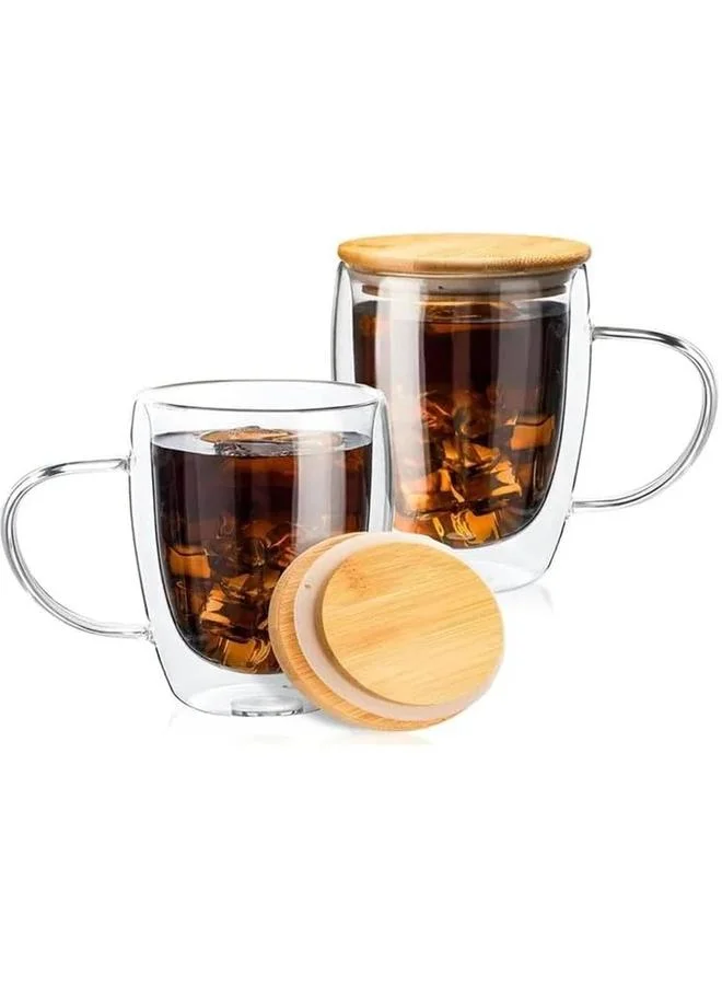 1 تشيس طقم كوبين زجاجي مزدوج الجدار مع مقبض وغطاء بامبو  مل