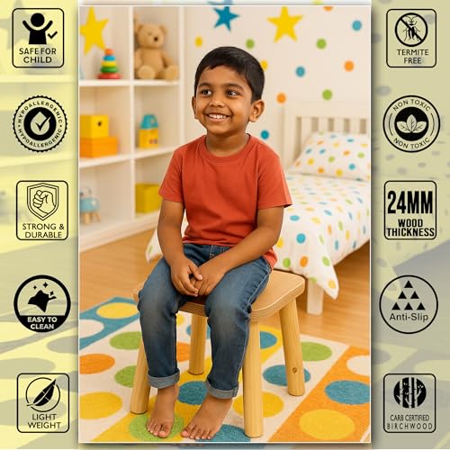 Kiddery Montessori Wooden Seat | Stool for Kids | Sturdy Sitting Bench | Eco-Friendly | Versatile | Assembled Four-Legged | Super Strong | Lightweight & Durable | Non-Toxic Paints | 2-8 Yrs | Natural - Image 3