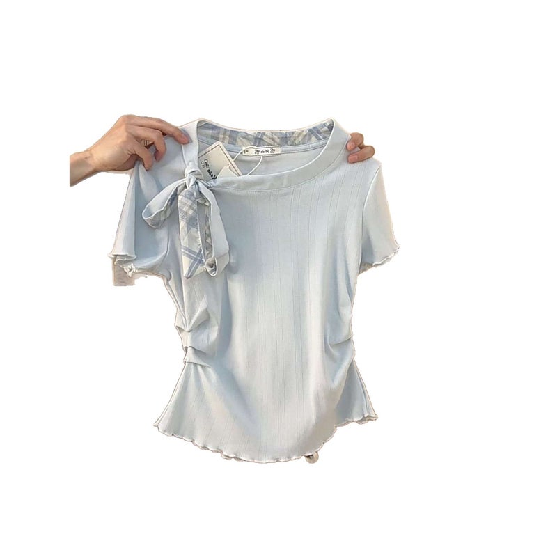 Women's Sweet Style Checkered Short Sleeve T-Shirt with Ruffles and Tie - Image 5