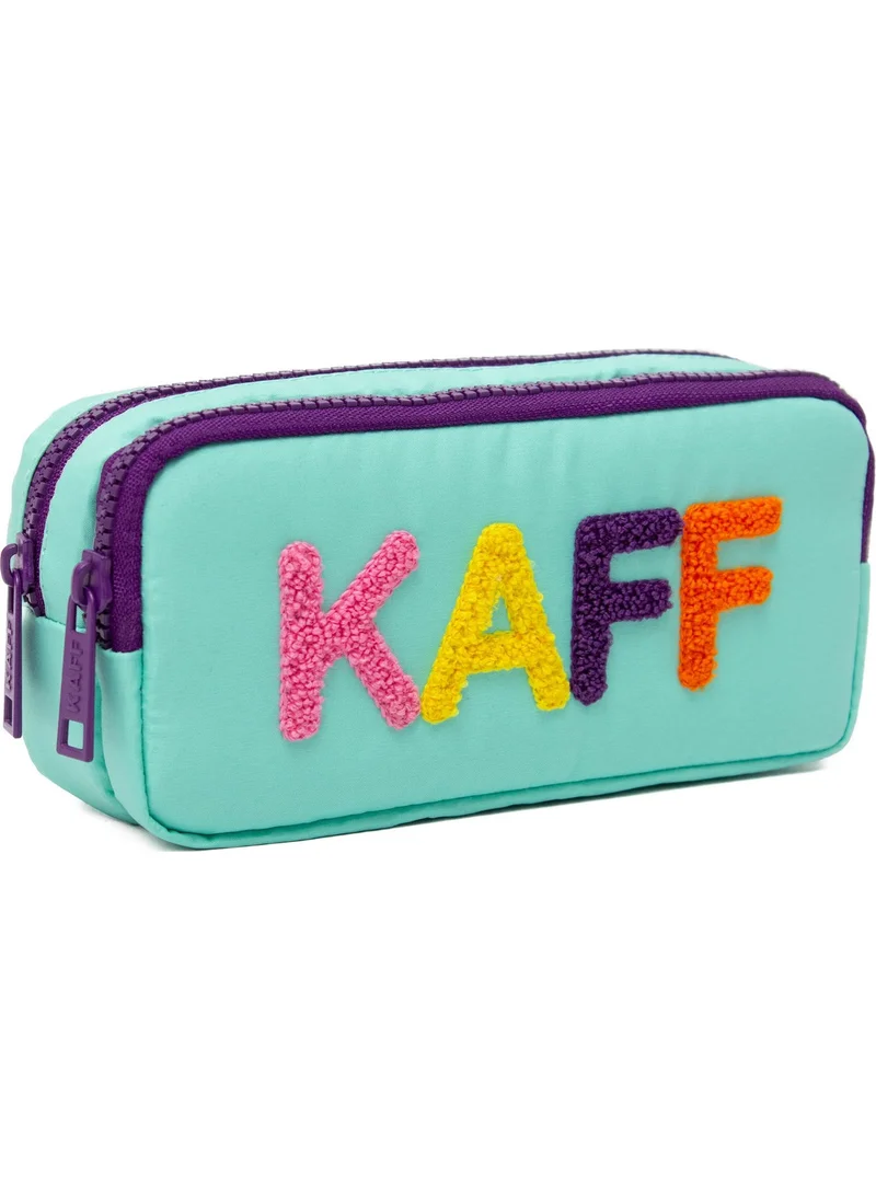 Kaff 01108 Mint Green Color Purple Zippered Waterproof Bondit Fabric Plush Printed Double Eyed Pen Holder