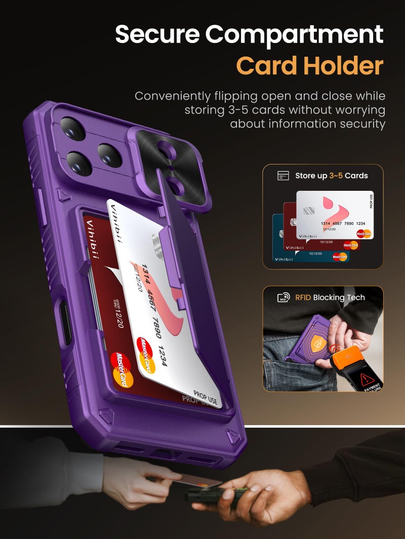 Vihibii for iPhone 17 Pro Max Case Wallet with Card Holder (4 Cards) [RFID Blocking] & Slide Camera Cover, Military Grade Drop Protection, Hard Back & Silicone Edge Phone Case 6.9" 2025, Dark Purple - Image 3