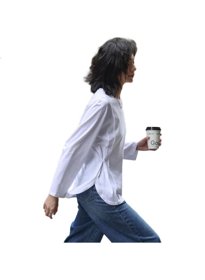 dme Basic White T-Shirt With Round Neck And Split Line Design, Long Sleeve Tee For Women, White, Size M - Image 2