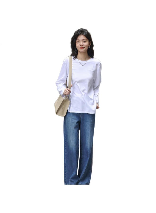 dme Basic White T-Shirt With Round Neck And Split Line Design, Long Sleeve Tee For Women, White, Size M - Image 1