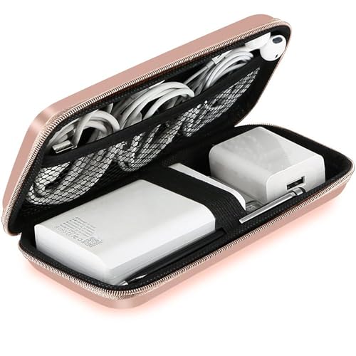 iMangoo Shockproof Travel Essentials Organizer Charger Case, Space-Optimized Small Zipper Electronics Accessories Pouch Tech Cord Cable Power Bank Storage for Women Men, 6.5x3.2x1 In (Rose Gold) - Image 1