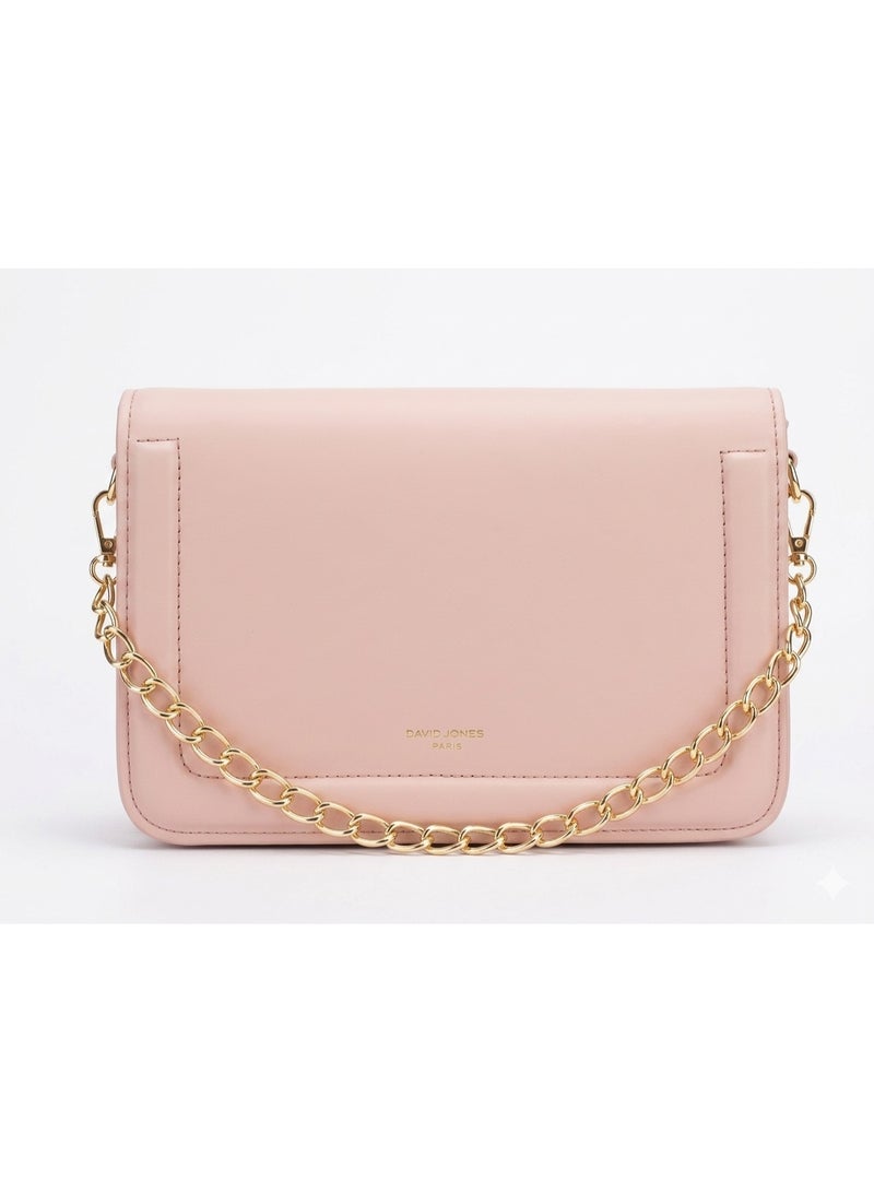 Luxury women's leather bag in pink color with a golden metal handle from David Jones