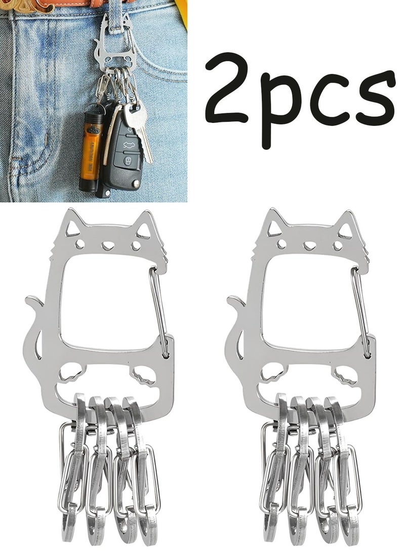 2 Pieces Cat Carabiner Keychain - Stainless Steel Multi-Hook Keyring for Backpack, Camping, Hiking, and Outdoor Activities - Image 1