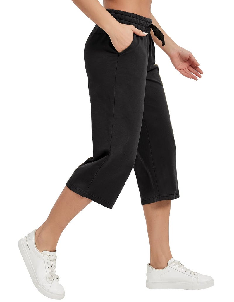 SPECIALMAGIC Women Capri Pants Cotton Yoga Wide Leg Pajama Pants Capris Sweatpants Sports Black Medium - Image 2
