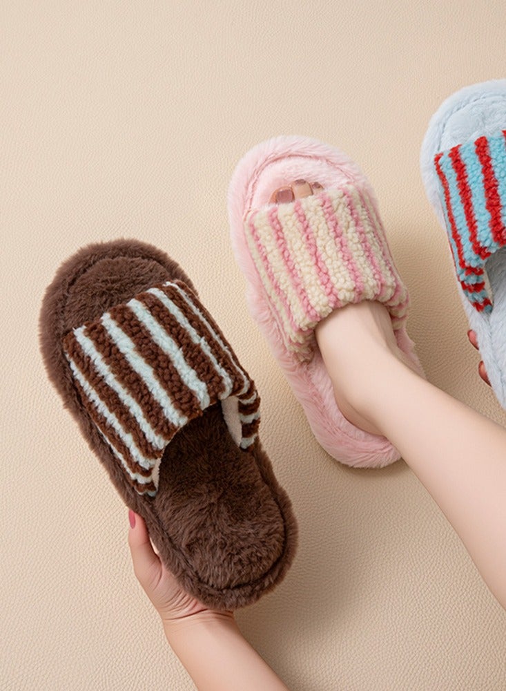 Stripe Soft Fluffy House Bedroom Slip-on Slippers Womens Fuzzy Warm Cozy Anti-Skid Lightweight Memory Foam Indoor House Shoes - Image 3