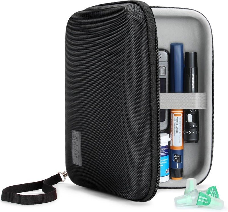 USA Gear USA Gear Insulin Travel Case Fits Insulin Pen Needles, Lancets for Diabetes Testing, Syringes, Glucose Monitor Kit, Ice Packs(Not Included) & More - Diabetes Carrying Case with Wrist Strap - Black