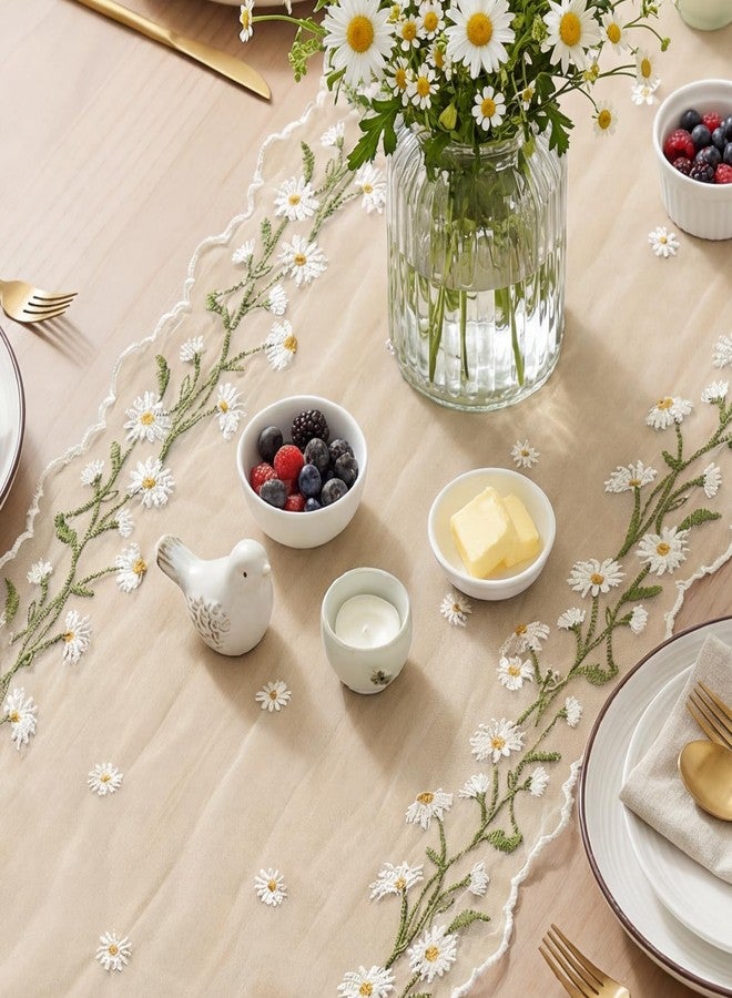 Artoid Mode Daisy Floral Beige Apricot Shaped Gauze Embroidery Table Runner 120 Inch 10FT, Tulle Spring Summer Kitchen Dining Table Decor for Home Party - Image 3