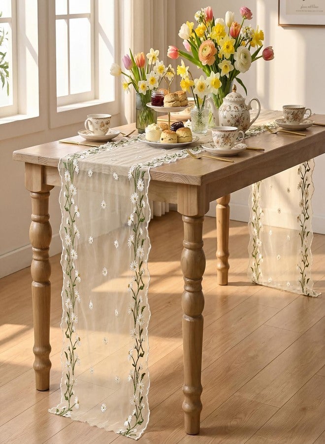 Artoid Mode Daisy Floral Beige Apricot Shaped Gauze Embroidery Table Runner 120 Inch 10FT, Tulle Spring Summer Kitchen Dining Table Decor for Home Party - Image 4