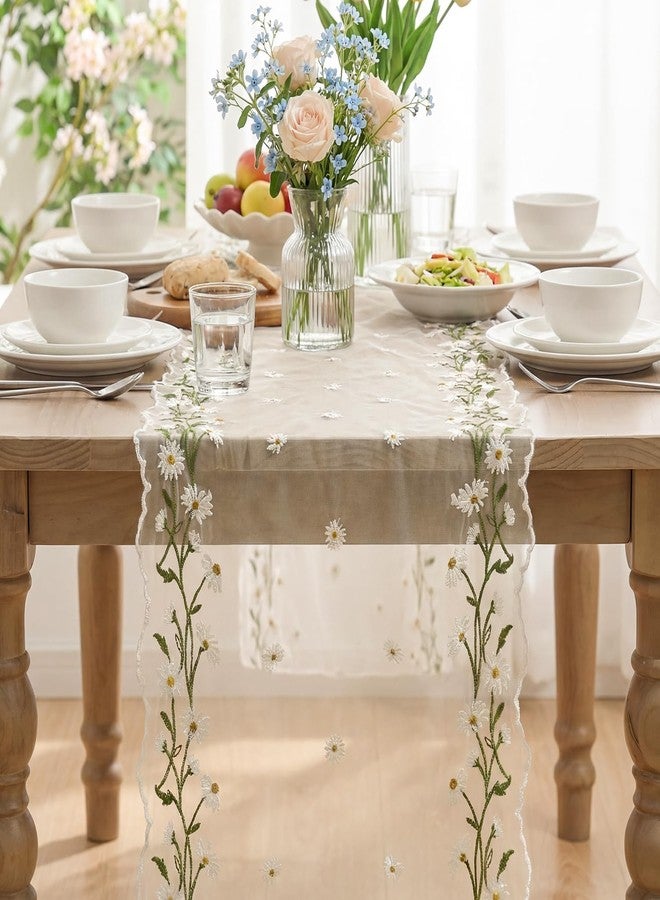 Artoid Mode Daisy Floral Beige Apricot Shaped Gauze Embroidery Table Runner 120 Inch 10FT, Tulle Spring Summer Kitchen Dining Table Decor for Home Party - Image 2